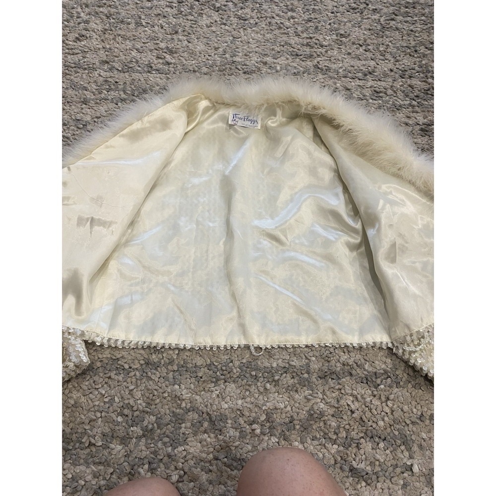 VTG‎ 60's Three Flags  White Sequinned W/ Feathers Light Coat Jacket Disco Party - Picture 11 of 11